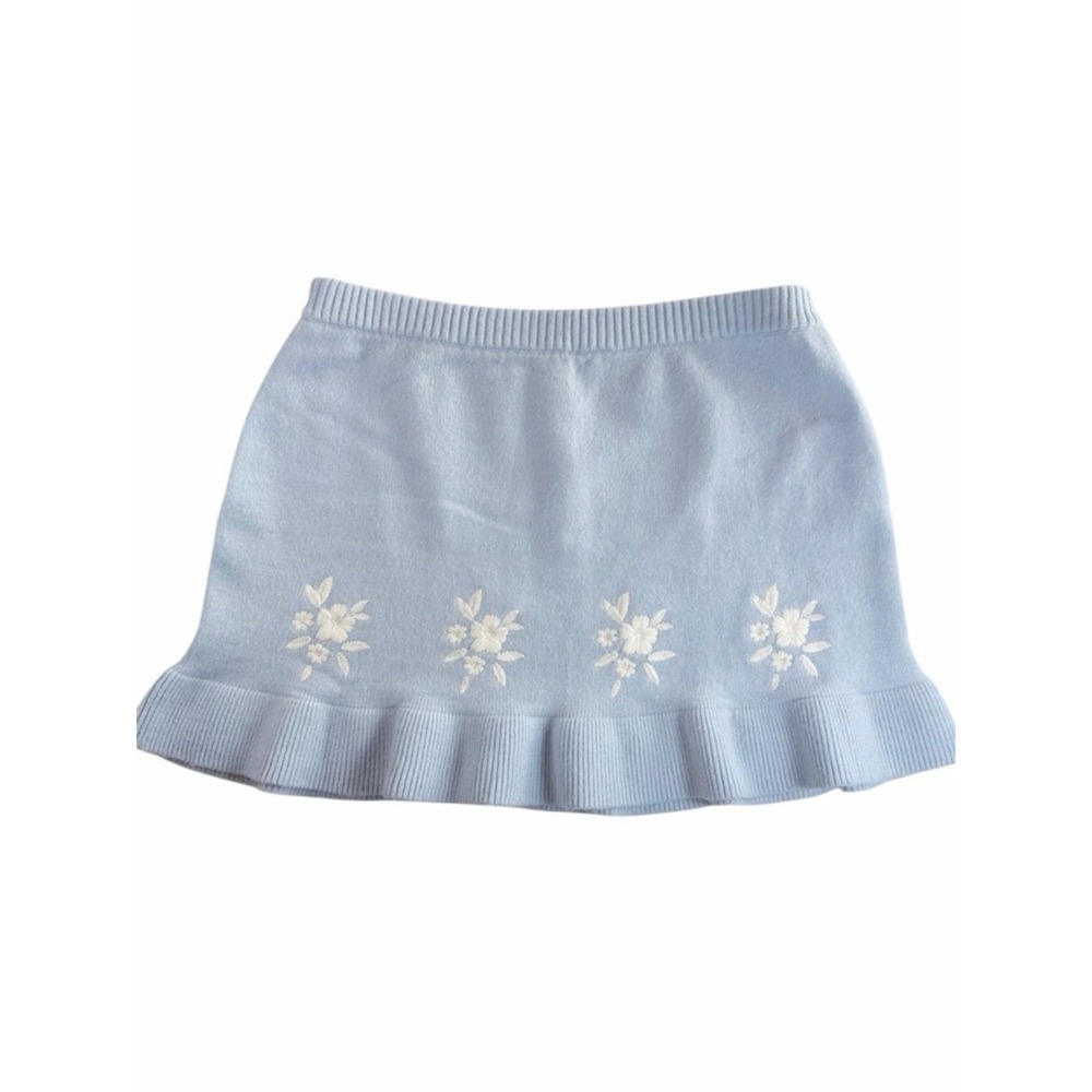 Francesca's Knit Mini Skirt Women XL Blue Floral Embroidered Ruffle‎ Hem 702FR - Picture 3 of 11